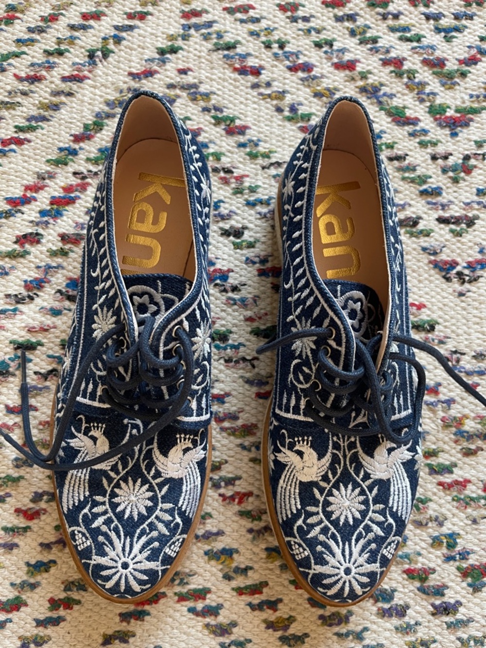 kanna Navy Blue and White Embroidered Espadrille Oxfords